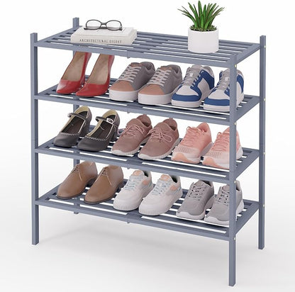 Smiry Bamboo Shoe Rack 4-Tier, Stackable Wooden Shoe Organizer for Entryway & Closet, Free Standing Wood Shoe Storage Shelf for Front Door & Small Spaces, Grey