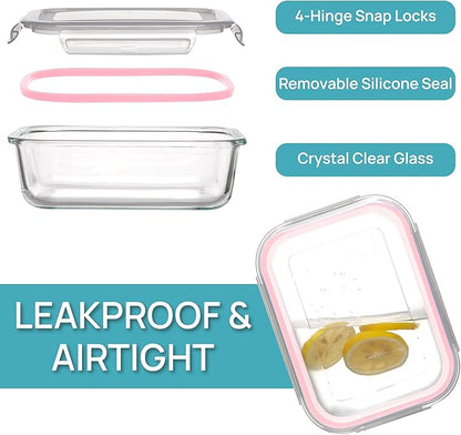 Vtopmart 5 Pack 35oz Glass Food Storage Containers with Lids, Meal Prep Containers, Airtight Reusable Lunch Container Set, Safe for Oven, Microwave, Freezer, and Dishwasher, Pink