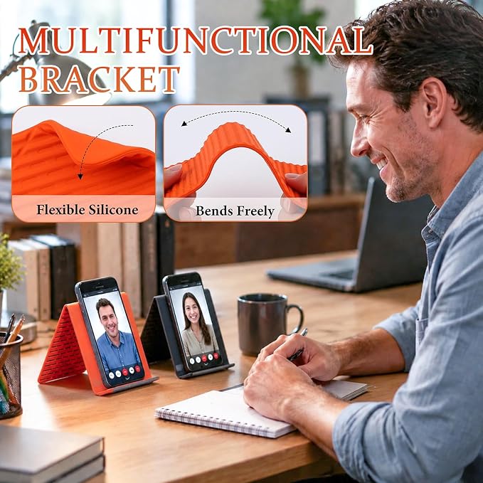 Flexible Silicone Phone Stand with Aluminum, Foldable Portable and Bendable Phone Holder for Phone Tablet Laptop, Portable Rollable Multi-Angle Stand (Orange)