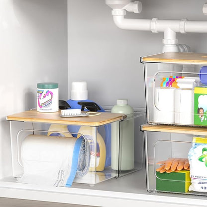 iCASA Trash Bag Dispenser Under Sink Organizer, 2-in-1 Acrylic Trash Bags Holder with Bamboo Lid, Holds Large Rolls up to 100 Count, Garbage Bag Storage Container for Kitchen, Pantry, Laundry Room