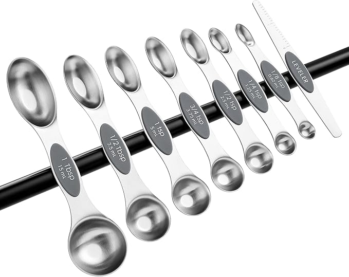 Spring Chef Stainless Steel Magnetic Measuring Spoons Set of 8 with Leveler, Dual Sided Metal Teaspoon & Tablespoon Measuring Spoons - Kitchen Gadgets For Baking and Cooking, Gray