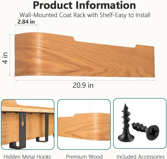 Coat Rack Wall Mount with Hidden Hooks Modern Key Holder Wood Entryway Hook with Shelf for Bedroom Kitchen Hallway Bathroom Designed for Hanging Coats Hats Bags Towels Dog Leashe(Oak,5 Hooks)