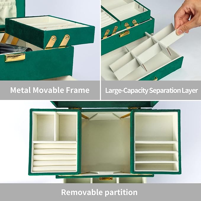Dajasan Jewelry Box for Women, 3 Layers Large Velvet Jewelry Organizer, Jewelry Storage Organizer, Jewelry Case for Earring, Ring, Necklace, Bracelets (Green)