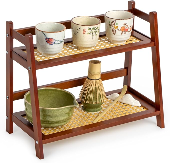 ANBOXIT Rattan-Look Matcha Station Organizer, Countertop Bamboo Tea & Coffee Accessories Station Organizer, 2 Tier Mug Holder Display Stand for Kitchen Condiment, Home, Office - Brown