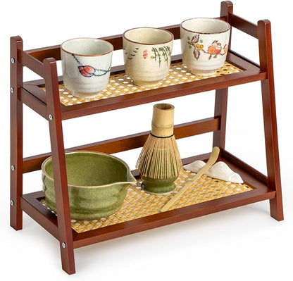 ANBOXIT Rattan-Look Matcha Station Organizer, Countertop Bamboo Tea & Coffee Accessories Station Organizer, 2 Tier Mug Holder Display Stand for Kitchen Condiment, Home, Office - Brown