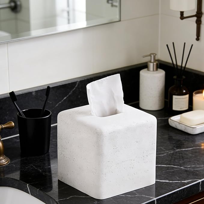 White Sandstone Tissue Box Cover Square for Home Decor,Resin Heavy Tissue Box Holder for Bathroom Countertop,Tabletop,Bedside Table,Office (Handmade of Resin)