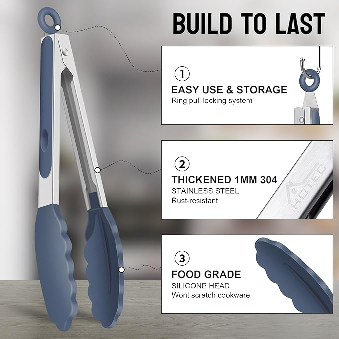 HOTEC Premium Stainless Steel Locking Kitchen Tongs with Silicon Tips, Set of 2-9" and 12",Dusty Blue