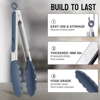 HOTEC Premium Stainless Steel Locking Kitchen Tongs with Silicon Tips, Set of 2-9" and 12",Dusty Blue
