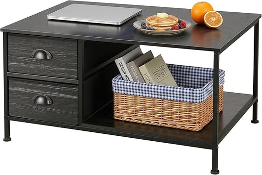 SENIG Coffee Table with Drawers, Coffee Table for Living Room, 2-Tier Coffee Tables with Storage Drawers，Oak Coffee Tables for Small Spaces, Rectangle Wood Table, Metal Side End Table