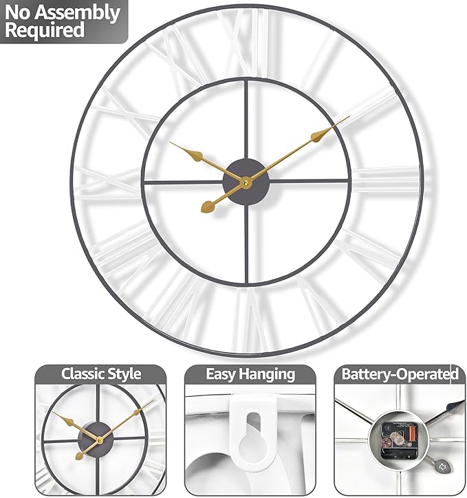 Sorbus Large Wall Clock for Living Room Decor - 24 inch Big Wall Clock Decorative - Battery Operated - Roman Numeral Analog Large Clock for Bedroom, Room, Home, Kitchen, Office, Wall Decor (White)