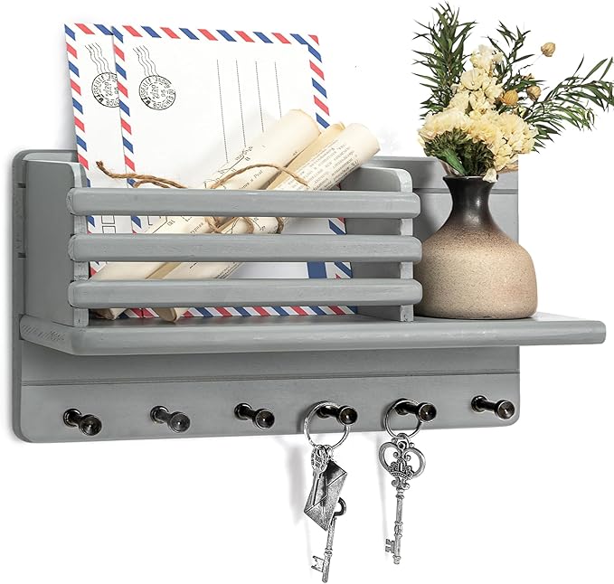 Rebee Vision Farmhouse Pine Wood Key Holder Wall Mount - Key Holder for Wall with Mail Slot Can Store Documents and Letters - Ideal for Entryway Home Storage and Apartment Decor (Gray)
