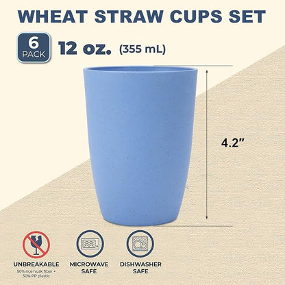 Wrova Wheat Straw Cups 6 PCS Good Alternative to Plastic Reusable Cups 12 oz Unbreakable Drinking Cup Reusable Dishwasher Safe Water Plastic Glasses Light Blue