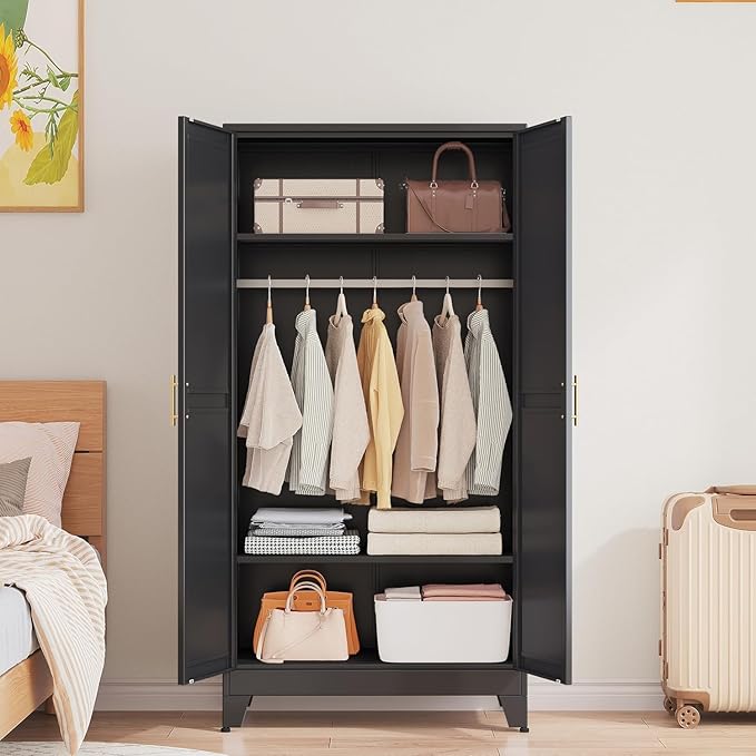 Metal Wardrobe Cabinet with Hanging Rod, 71" Metal Clothing Storage Cabinets with 2 Doors and Adjustable Shelves, Black Armoire Wardrobe Closet for Bedroom, Laundry Room, Cloak Room
