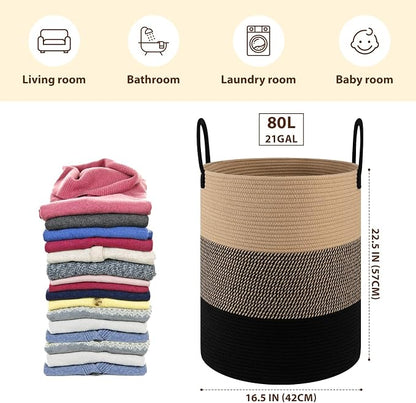 OIAHOMY Large Laundry Basket Hamper - 80L Cotton Rope Woven Basket for Blankets, Toys, Clothes - Tall Decorative Nursery Hamper with Long Handles, Yellow/Black