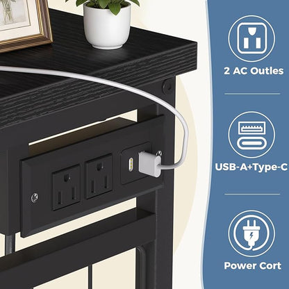 OLIXIS 6 Storage for Bedroom with Hanging Rack with LED Lights & Charging Station, Fabric Chest of Storage with Rack, Wooden Top, for Home Living Room Entryway Black Wood Grain