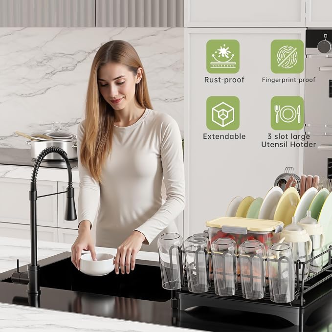 Ekisemio Expandable Dish Drying Rack with Utensil Holder & Drip Tray, Black | Ekisemio 12.7"-21.7" Expandable Dish Rack | 360° Swivel Spout | Steel Frame | Dual Utensil Holder | Tool-Free | Anti-Slip
