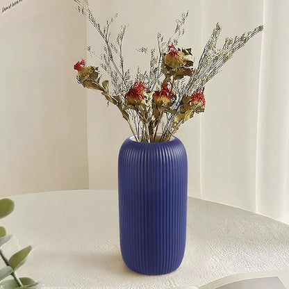 Ceramic Vase for Flowers – Modern Small Ribbed Textured Flower Vase for Home Decor, Pampas Grass, Decorative, Farmhouse, Coffee Table, Kitchen Centerpieces, Bookshelf and Home Living (Navy Blue)