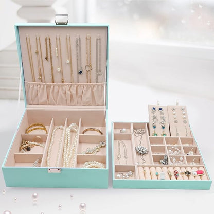 ProCase Jewelry Box for Women, 2 Layers Large Leather Jewelry Organizer Storage Case with Removable Pad for Earrings -Mint