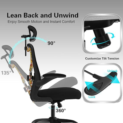 Office Chair for Back & Neck Pain Relief, Virgin Foam Seat, 2D Adjustable Lumbar & 3D Headrest, Flip-Up Armrests, Tilt & Rock for Relaxation (English, Black/UF)