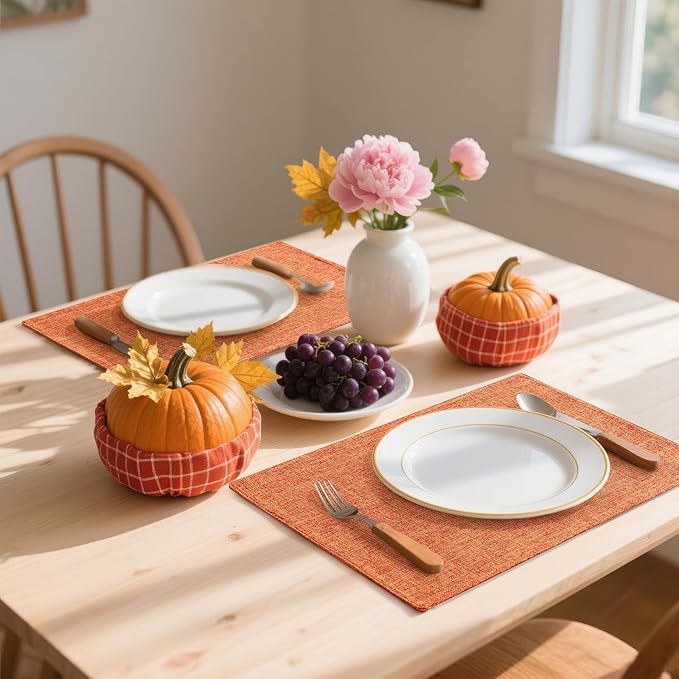 Homaxy Cloths Placemats for Dining Table Set of 6, Heat Resistant Washable Cotton Linen Blend Table Mats, Easy to Clean Place Mats for Indoor Outdoor Party Kitchen Decoration, 13" x 19", Orange