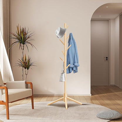 Unisakey Durable Wooden Coat Rack, Freestanding Coat Rack with Stable Triangular Base, 8 Hooks & 3 Adjustable Heights, Simple Assembly for Bedroom, Hallway, Office(New Nature)