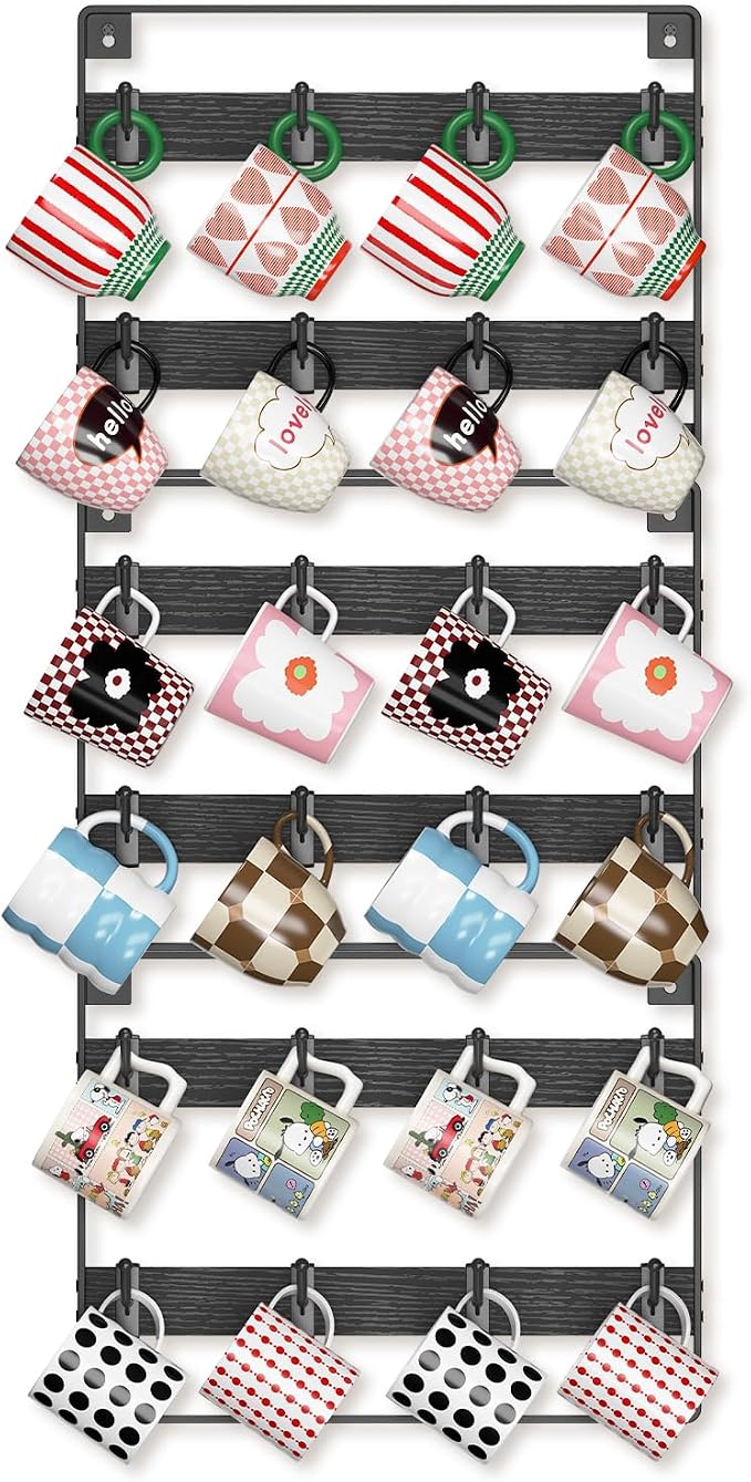 EsLuker.ly Mug Holder Hanger Rack Wall Mounted Wooden 3 Pack Coffee Cup Storage Organizer Display Shelf with 24 Movable Plastic Hooks, Ideal for Mug Collectors, Black