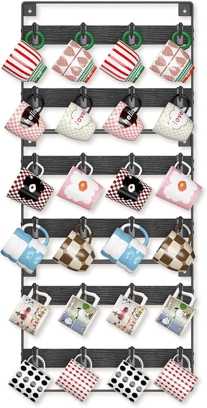 EsLuker.ly Mug Holder Hanger Rack Wall Mounted Wooden 3 Pack Coffee Cup Storage Organizer Display Shelf with 24 Movable Plastic Hooks, Ideal for Mug Collectors, Black