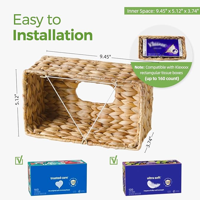 Rectangle Wicker Tissue Box Cover Fits 120-Count (3-Ply) / 160-Count (2-Ply) Boxes, Natural Rattan Woven Facial Tissue Holder, Decorative Tissue Box Holder for Bathroom, Living Room, Office & Desk