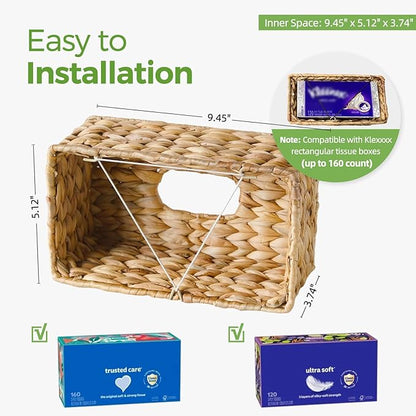 Rectangle Wicker Tissue Box Cover Fits 120-Count (3-Ply) / 160-Count (2-Ply) Boxes, Natural Rattan Woven Facial Tissue Holder, Decorative Tissue Box Holder for Bathroom, Living Room, Office & Desk