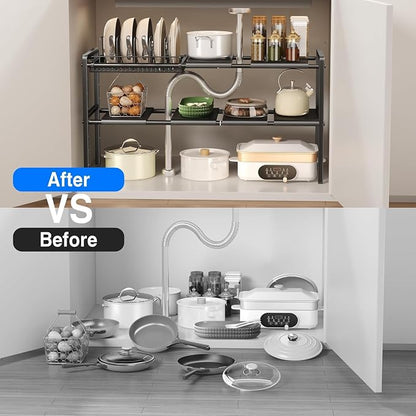 Mustorn Pots and Pans Organizer Under Cabinet, Expandable 2 Tier Under Sink Organizers and Storage Adjustable Height Kitchen Pot and Pan Lid Holder Rack with 6 Dividers(6panels,1 Pot rack, Black)