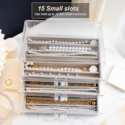 YUFONG Necklace Holder Organizer, Dustproof Necklace Box Velvet Necklace Organizer Box with Lid Clear Acrylic Dustproof Stackable Jewelry Displays for Necklaces Chain Display (Gray, 3 Drawer)