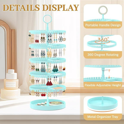 MODOWEY 5 Tier Rotating Earring Holder Organizer Display Tree with Metal Tray, Adjustable Plastic Stand with 285 Slots for Stud Hoop Hanger, Large Capacity Storage Rack for Women Space Saving, Blue