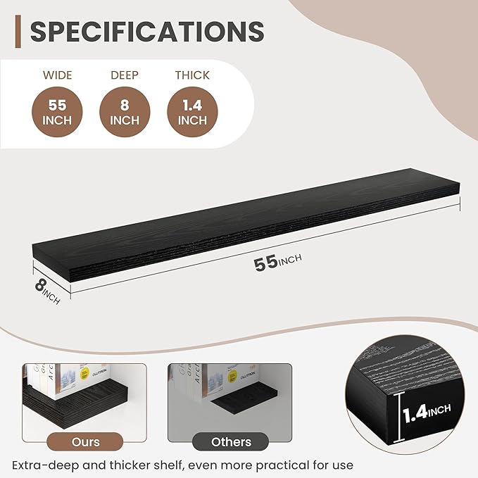 Acovy 55 Inch Floating Shelves, 8 Inch Deep Floating Shelves for Wall, Hanging Shelf with Invisible Brackets, Deep Shelves for Bathroom, Bedroom, Living Room, Black, Set of 2