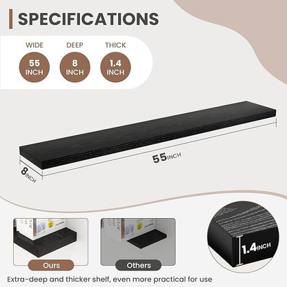 Acovy 55 Inch Floating Shelves, 8 Inch Deep Floating Shelves for Wall, Hanging Shelf with Invisible Brackets, Deep Shelves for Bathroom, Bedroom, Living Room, Black, Set of 2