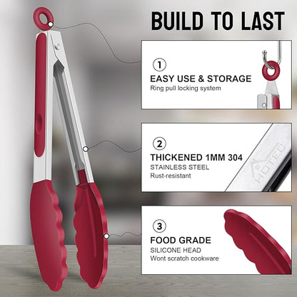 HOTEC Premium Stainless Steel Locking Kitchen Tongs with Silicon Tips, Set of 3-7", 9" and 12" (Red)
