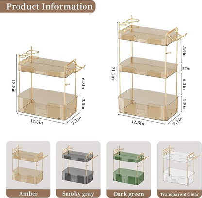 Akinbas 3 Tier Bathroom Organizer Countertop Makeup Perfume Tray Skincare Organizer Comes with Hair Dryer Rack and Toothbrush Holder for Bathroom Dresser Vanity (Gold)