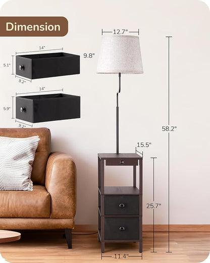 EDISHINE Floor Lamps for Living Room, Dimmable Bedside Floor Lamp with Table and 2 Shelves, USB-A+Type-C Port, Farmhouse Standing Light for Bedroom, Den, Office, Kids Room with Bulb, Dark Walnut