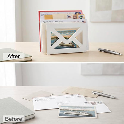 MyGift White Metal Desktop Mail Holder with Cutout Envelope Design Home and Office Desk Letter Organizer