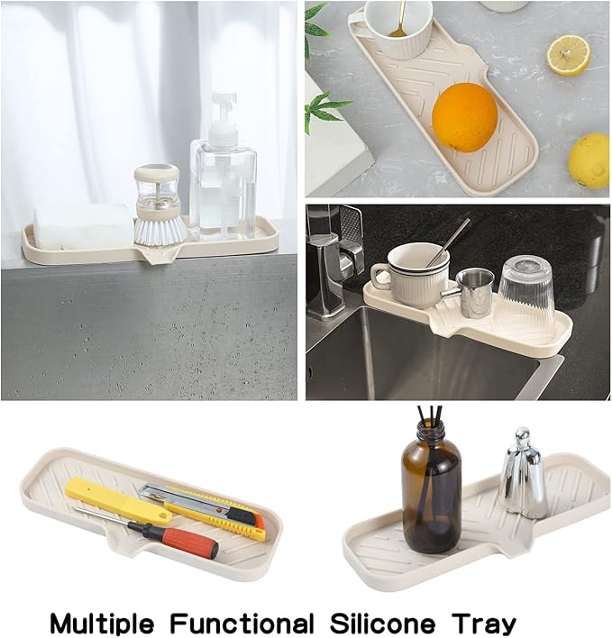 MicoYang Silicone Soap Dish with Drain Spout — Self-Draining Double Sink Organizer Tray for Kitchen & Bathroom, Dispensers, Sponges & Soap Holder, Non-Slip & Dishwasher Safe, Tapioca (Large, 12"×4")