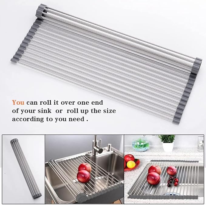 Ahyuan Roll up Dish Drying Rack Over The Sink Kitchen Roll up Sink Drying Rack Portable Dish Drainer Foldable Dish Drying Rack (Warm Gray, 20.5''X19.7'')