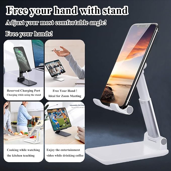 Meetuo 2 Pcs Cell Phone Stand, Adjustable Angle Height Phone Stand for Desk, Fully Foldable/Portable Phone Holder, Compatible with iPhone 17/16/15/14/13/12/Smartphones