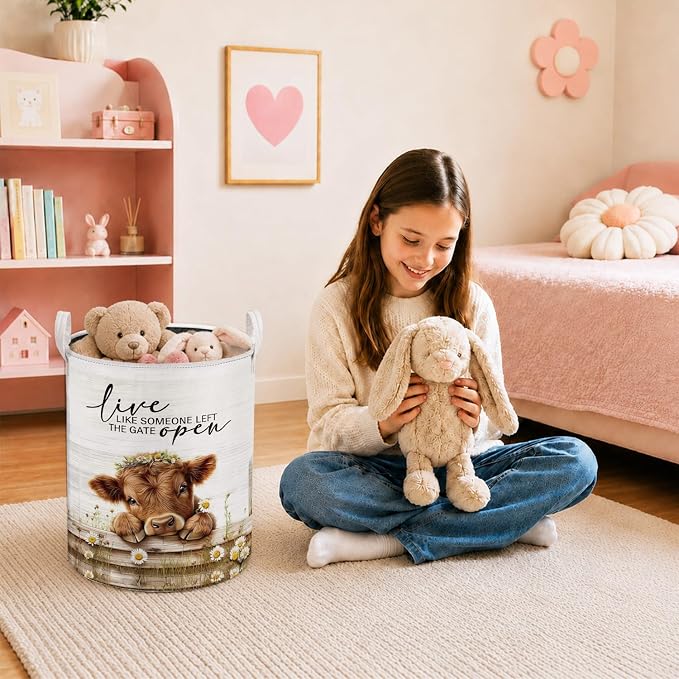 Farmhouse Highland Cow Laundry Basket, Live Like Someone Left the Gate Open Cow Laundry Hamper Waterproof Collapsible Clothes Toys Storage Bin Organizer for Bedroom Bathroom Home