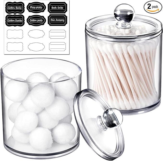 SheeChung Clear Acrylic Qtip Holder with Labels–Shatterproof Plastic Apothecary Jars for Bathroom Organization–Vanity Cotton Swab Holder Canisters for Cotton Balls, Pads, Floss Picks-Minimalist Decor