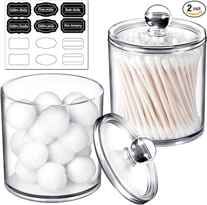 SheeChung Clear Acrylic Qtip Holder with Labels–Shatterproof Plastic Apothecary Jars for Bathroom Organization–Vanity Cotton Swab Holder Canisters for Cotton Balls, Pads, Floss Picks-Minimalist Decor