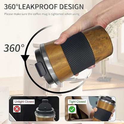 YINBAOGE Insulated Travel Coffee Mug, Spill & Leak Proof, Portable To Go Camping Stainless Steel Coffee Tumbler, Reusable Thermal Coffee Cup with Lid for Hot & Cold Drinks (Wood Grain, 12 OZ)