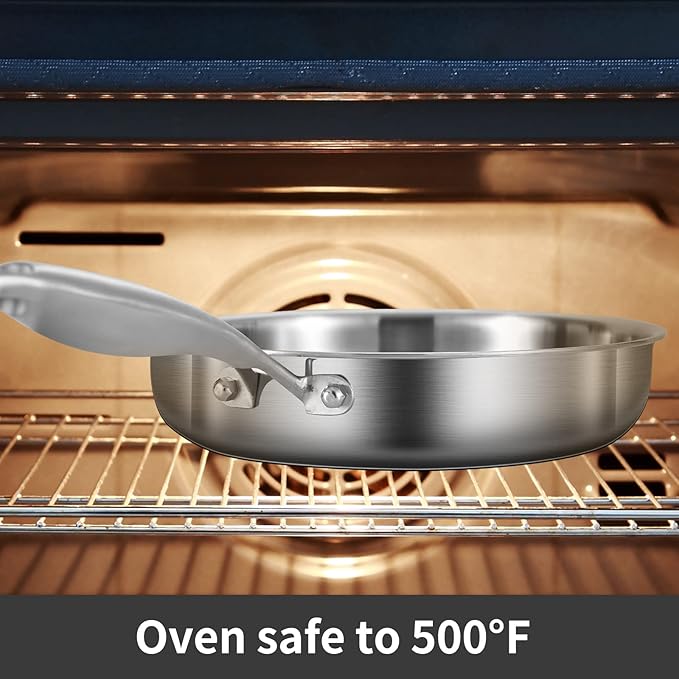 LOLYKITCH 6 QT Tri-Ply Stainless Steel Sauté Pan with Lid,Deep Frying Pan,Large Skillet,Jumbo Cooker,Induction Cooking Pan,Oven Safe and Detachable Handle.