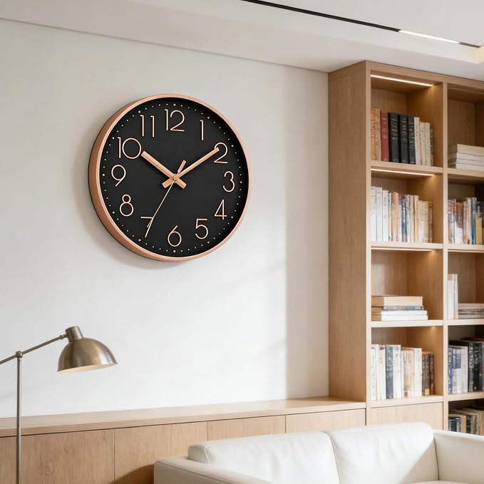 DAXSMY Wall Clock - 12 Inch Silent Non-Ticking Modern 3D Wall Clocks Battery Operated - Decorative Clock for Kitchen, Home Office, Bathroom, Bedroom, Living Room(Black)