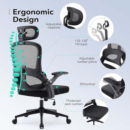 SIHOO Ergonomic Office Chair, Adjustable Lumbar Support, 110-130° Tilt, 3D Armrests, Rolling Computer Desk Chair with Headrest Black