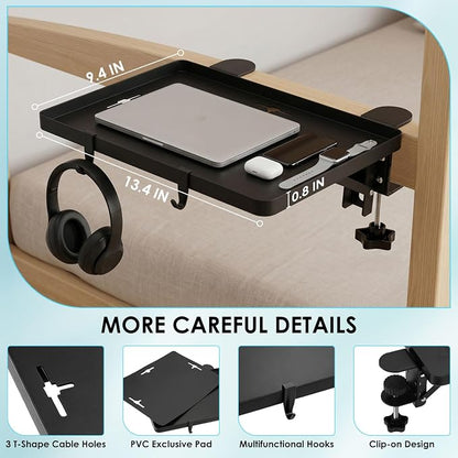 Bedside Shelf Foldable, Heavy Duty Bed Shelf for Dorm Room Bunk Bed & Top Bunk, Metal Clip-On Bedside Table Tray for College Dorm Room Essentials Loft Nightstand Organizer Tray with 3 Cord Hole