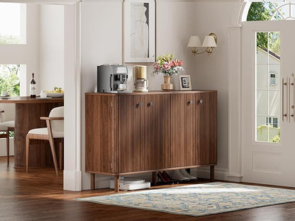 Fluted Sideboard Cabinet, Modern Buffet Cabinet, Storage Cabinet with Adjustable Shelves & Solid Wood Legs, Accent Credenza Sideboard for Kitchen, Coffee Bar, Living Room, Entryway, Hallway